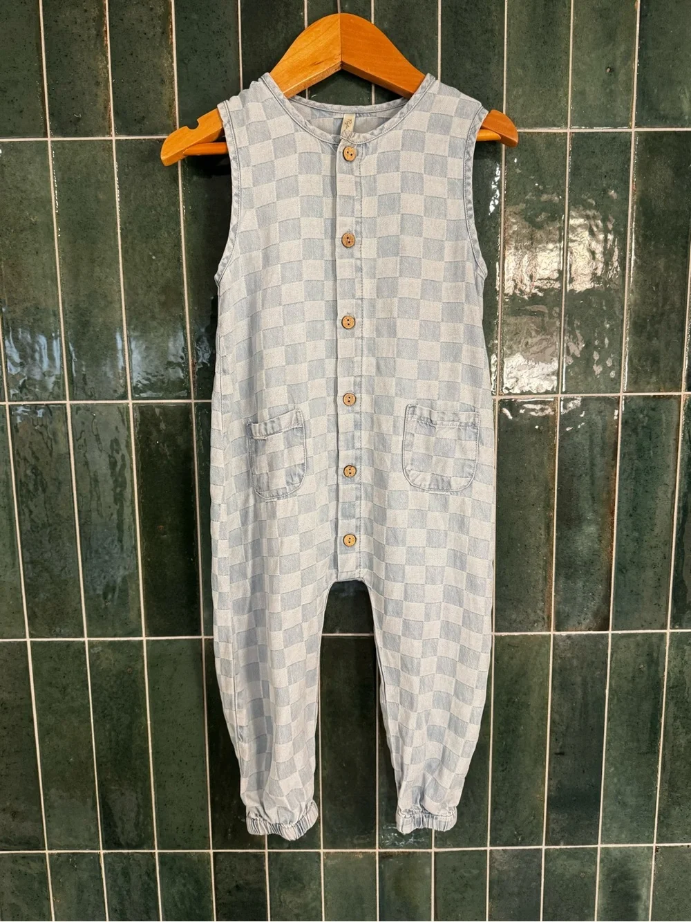 Rylee + Cru Light Blue Checkerboard Sleeveless Romper